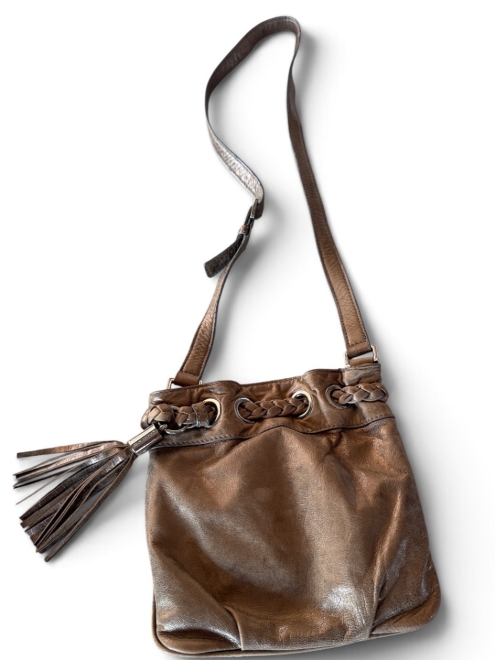 Michael Kors Metallic Bronze Leather Crossbody Bag Tassel